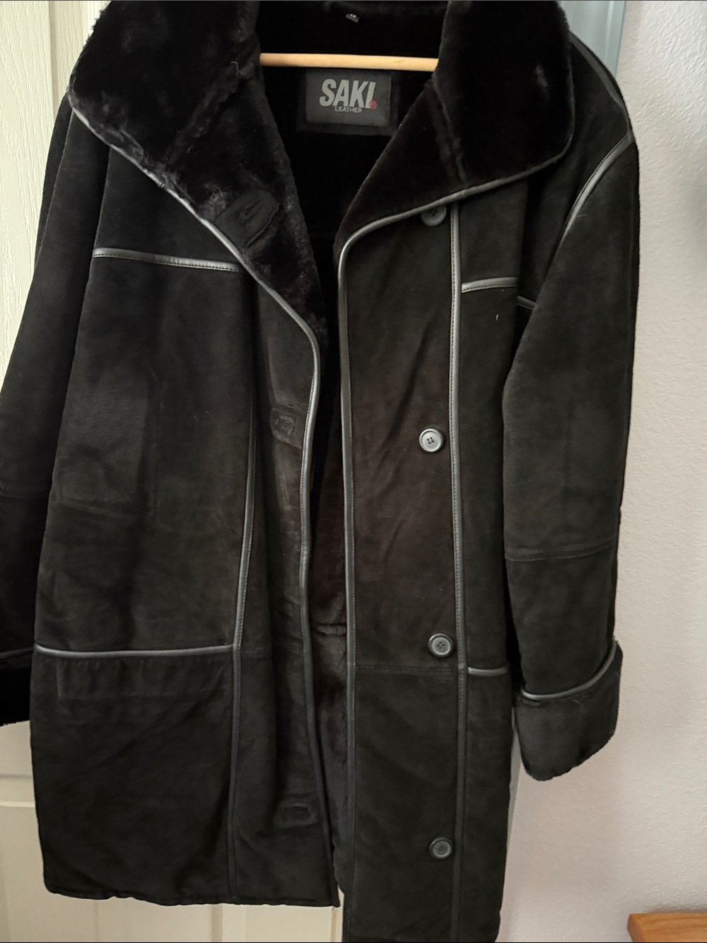 The Sak Black Suede Leather Coat with Shearling Trim